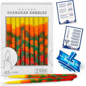 Deluxe Chanukah Candle set 45 Hand Made Thin Long Decorative Hanukkah Candles for Menorah - Blaze of Fire Includes Prayer Card and DIY Dreidel - Déco