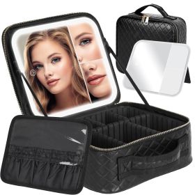 Travel Makeup Bag With Light Up Mirror, With 2X3X Magnifying Mirror And Adjustable Partitions (Color: Black)